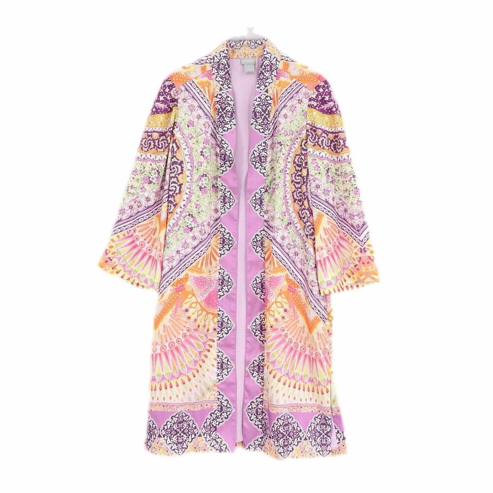Chico’s Sz 0 Purple Pastel Coastal Tile Floral Satin Boho Chic Duster Cardigan - Picture 6 of 13
